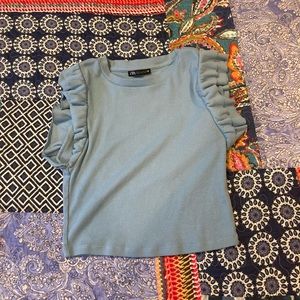 Blue Zara crop top with ruffle sleeves